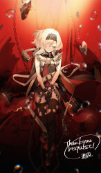  1girl absurdres azur_lane bare_shoulders black_coat black_gloves black_hairband bon_homme_richard_(azur_lane) bon_homme_richard_(meta)_(azur_lane) boots breasts burnt_clothes chained_legs chained_wrists closed_eyes coat commission dress expressionless facing_viewer full_body fur-trimmed_coat fur_trim gloves groin hair_over_one_eye hairband half_gloves hamuko_(bonresuhm) highres hip_focus legs_together light_frown medium_hair no_panties open_clothes open_coat own_hands_together restrained skeb_commission small_breasts solo standing standing_on_one_leg thighhighs thighs torn_clothes torn_coat torn_dress torn_thighhighs upskirt v_arms white_hair 