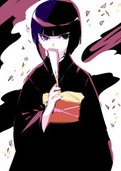  1boy androgynous black_eyes black_hair blunt_bangs blunt_ends blunt_tresses bob_cut chiyo_(rotsurechiriha) closed_mouth colored_inner_hair confetti expressionless eyelashes feet_out_of_frame folding_fan hand_fan hunter_x_hunter japanese_clothes kalluto_zoldyck kimono light looking_at_viewer male_focus mole mole_under_mouth multicolored_clothes multicolored_hair obi obiage obijime paper paper_fan refraction sash shiny_clothes short_hair solo 