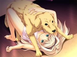 1girl barefoot bestiality blonde_hair dere_suku dog feet game_cg green_eyes long_hair missionary pregnant sex smile tomo_(dere_suku) vaginal rating:Explicit score:191 user:moeiiss