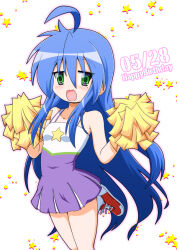  1girl ahoge bare_shoulders blue_hair cheerleader commentary_request dated dress green_eyes hair_between_eyes happy_birthday hiyoko_(chick&#039;s_theater) izumi_konata leg_up long_hair looking_at_viewer lucky_star open_mouth pom_pom_(clothes) red_footwear simple_background solo star_(symbol) white_background 