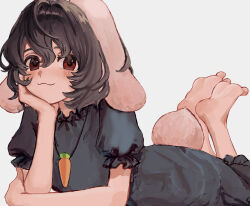  1girl :3 alternate_color animal_ears b_nosk101 black_dress black_hair blush carrot_necklace commentary dress feet_up hair_between_eyes hand_on_own_cheek hand_on_own_face head_rest highres inaba_tewi jewelry looking_at_viewer lop_rabbit_ears lying necklace official_alternate_color on_stomach player_2 puffy_short_sleeves puffy_sleeves rabbit_ears rabbit_tail red_eyes short_sleeves simple_background solo tail the_pose touhou white_background 