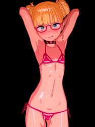  1girl animated animated_gif arms_behind_head bikini black_background blonde_hair blue_eyes choker dancing double_bun female_focus flat_chest glasses hair_bun loli oo0mmd simple_background smile solo swimsuit  rating:Questionable score:336 user:Hunter_of_Lolis