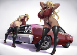  2girls arms_up ass black_thighhighs blonde_hair blue_eyes boots breasts car cleavage commission curvy dark-skinned_female dark_skin glasses high_heel_boots high_heels highres huge_ass huge_breasts long_hair motor_vehicle multiple_girls navel original packge plymouth_(brand) plymouth_road_runner purple_eyes race_queen red_shirt shirt thighhighs 