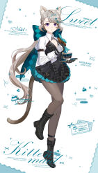  1girl absurdres aqua_bow black_pantyhose black_tail bow cat_tail cup genshin_impact grey_hair highres holding holding_teapot huge_bow leg_up looking_at_viewer lynette_(genshin_impact) pantyhose purple_eyes standing standing_on_one_leg star_(symbol) tachi-e tail teacup teapot teardrop two-tone_gloves white_background xuan_xuan_xuan_za 