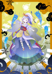 1girl 515m bead_necklace beads child chinese_clothes closed_eyes commentary_request eyeshadow full_body genshin_impact ghost hat highres jewelry jiangshi makeup necklace ofuda outstretched_arms purple_hair purple_hat qingdai_guanmao qiqi_(genshin_impact) snowflake_background solo yin_yang