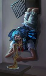  1girl air_vent bloomers blue_dress blue_hair cirno clip_studio_paint_(medium) commentary commission creepy dress eating english_commentary feet_out_of_frame food horror_(theme) indoors monster open_mouth pasta puffy_short_sleeves puffy_sleeves short_hair short_sleeves skullchimes solo spaghetti touhou underwear what white_bloomers  rating:General score:1 user:danbooru