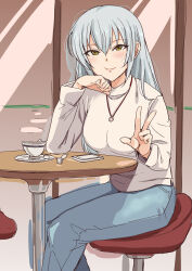  1girl blush breasts brown_eyes cellphone closed_mouth cup denim elbow_on_table grey_hair hands_up head_rest idolmaster idolmaster_cinderella_girls idolmaster_cinderella_girls_starlight_stage jewelry large_breasts long_hair long_sleeves looking_at_viewer necklace norimaki_(haru_koubou) on_chair phone plate shirt sitting smartphone smile solo spoon steam table takamine_noa w white_shirt window 