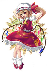  1girl absurdres arms_up ascot blonde_hair bobby_socks collared_shirt fang flandre_scarlet frilled_shirt_collar frilled_skirt frills full_body hat hat_ribbon head_tilt highres long_hair looking_at_viewer mary_janes mob_cap multicolored_wings one_side_up open_mouth puffy_short_sleeves puffy_sleeves red_eyes red_footwear red_ribbon red_skirt red_vest ribbon ribbon-trimmed_headwear ribbon_trim shirt shoes short_sleeves simple_background skirt skirt_set socks solo touhou vest white_background white_hat white_shirt white_socks wings yata_(sol-01) yellow_ascot 