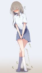 1girl ^_^ between_legs blue_background blue_shirt blue_skirt blush breast_pocket brown_hair closed_eyes collared_shirt crossed_legs embarrassed female_focus flat_chest full_body hand_between_legs have_to_pee highres japanese_text legs long_hair miniskirt nose_blush open_mouth original own_hands_together pee peeing peeing_self pleated_skirt pocket puddle raised_eyebrows shirt short_sleeves sidelocks simple_background skirt socks solo standing sweat tears thighs translation_request trembling v_arms watakarashi watson_cross wet wet_clothes wet_skirt wet_socks white_socks rating:Questionable score:33 user:AngryZapdos
