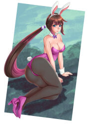  1girl animal_ears blue_eyes bow bowtie brown_hair commentary commission creatures_(company) detached_collar english_commentary fake_animal_ears fake_tail game_freak hair_ornament heroine_(pokemon_conquest) high_heels highres leotard nintendo pantyhose playboy_bunny pokemon pokemon_conquest purple_bow purple_bowtie purple_footwear rabbit_ears rabbit_tail rinku_bny solo tail wrist_cuffs 