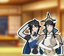  1boy 1girl ass_grab black_hair blush breasts corrin_(fire_emblem) corrin_(male)_(fire_emblem) fire_emblem fire_emblem_fates grabbing grabbing_another&#039;s_ass hetero highres incest medium_breasts mikoto_(fire_emblem) mature_female mother_and_son nintendo public_indecency smile  rating:Questionable score:5 user:FatefulCorn