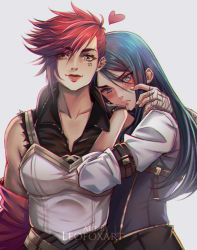  2girls absurdres arcane:_league_of_legends arcane_caitlyn arcane_vi blue_hair blush caitlyn_(league_of_legends) facial_tattoo hand_on_another&#039;s_shoulder highres league_of_legends leofoxart long_hair looking_at_viewer multiple_girls off_shoulder red_hair short_hair smile tattoo torn_clothes torn_sleeves vi_(league_of_legends) yuri  rating:Sensitive score:22 user:danbooru