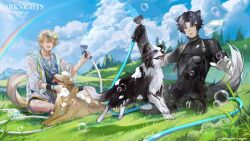  2boys animal_ears arknights black_footwear black_fur black_hair blonde_hair blue_sky closed_eyes cloud cloudy_sky commentary day dog dog_boy dog_ears dog_tail english_commentary eyewear_on_head grass holding holding_hose hose long_sleeves multicolored_fur multiple_boys official_art on_ground open_mouth outdoors rainbow shoes short_hair shorts sitting sky smile sneakers tail tequila_(arknights) to_e water watermark wet white_fur windflit_(arknights) yellow_eyes yellow_fur 