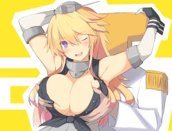 10s 1boy 1girl ;d arms_up bare_shoulders black_vest blonde_hair blue_eyes blush grabbing_another&#039;s_breast breasts buttons cleavage collar elbow_gloves epaulettes eyebrows gloves grabbing grabbing_from_behind gradient_hair hair_between_eyes hetero iowa_(kancolle) kantai_collection large_breasts long_hair military military_uniform multicolored_hair naval_uniform one_eye_closed open_clothes open_mouth open_vest pink_hair simple_background skindentation smile solo_focus star-shaped_pupils star_(symbol) symbol-shaped_pupils t-head_admiral tenpesuto unbuttoned uniform upper_body very_long_hair vest white_gloves wrist_cuffs yellow_background rating:Questionable score:41 user:danbooru