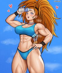  1girl abs bandaid blush bottle breasts cameltoe captain_mizuki cheekie cleavage covered_erect_nipples curvy earrings female_focus hand_on_own_hip heart highres jewelry large_breasts long_hair looking_at_viewer medal muscular muscular_female navel one-punch_man orange_hair purple_eyes solo sweat thick_thighs thighs water_bottle wide_hips wristband 