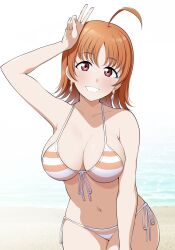  1girl :d ahoge arm_up armpit_crease bare_arms bare_shoulders barkhorn0331 beach bikini blurry blurry_background breasts cleavage collarbone commentary_request cowboy_shot day earrings front-tie_bikini_top front-tie_top grin halterneck hand_on_own_head highres jewelry large_breasts light_blush looking_at_viewer love_live! love_live!_sunshine!! medium_hair navel open_mouth orange_bikini orange_hair outdoors red_eyes side-tie_bikini_bottom smile solo standing stomach string_bikini striped_bikini striped_clothes swimsuit takami_chika two-tone_bikini v water white_background white_bikini 