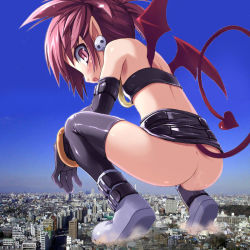  1girl ass city disgaea earrings etna_(disgaea) giant giantess haga_yui jewelry landscape loli no_panties photo_(medium) photo_background pointy_ears solo squatting tail thighhighs third-party_edit what wings  rating:Questionable score:77 user:danbooru