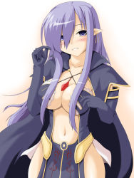  1girl blush breasts cleavage collarbone earrings elbow_gloves fatima female_focus gloves hair_over_one_eye jewelry kokorono_arika large_breasts long_hair looking_at_viewer luminous_arc luminous_arc_2 navel no_headwear no_headwear pendant pointy_ears purple_eyes purple_hair smile solo uniform witch  rating:Questionable score:33 user:danbooru