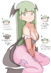  1girl angry breasts capcom cleavage covered_navel demon_girl expressionless green_eyes green_hair happy highres large_breasts legs leotard morrigan_aensland sad sitting smile solo thick_thighs thighs vampire_(game) vatsha 