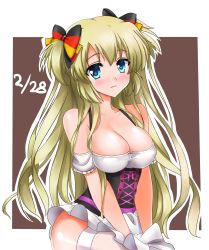  1girl apron bare_hips bare_shoulders blonde_hair blue_eyes blush breasts cleavage corset dirndl frills german_clothes german_flag german_text hair_ribbon highres large_breasts liseanon liz_hohenstein long_hair looking_at_viewer muv-luv muv-luv_alternative no_bra ribbon schwarzesmarken simple_background skindentation smile thighhighs two_side_up underbust waist_apron white_thighhighs 