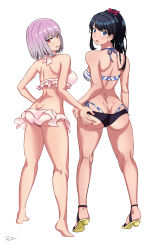  10s 2girls :d absurdres arm_at_side artist_name ass ass_grab asymmetrical_bangs back bare_arms bare_back bare_legs bare_shoulders barefoot bikini bikini_skirt black_hair blue_bikini blue_eyes blush breasts butt_crack dimples_of_venus feet female_focus frilled_bikini frilled_swimsuit frills from_behind full_body gridman_universe hair_ornament hair_ribbon hand_on_own_hip head_tilt highres kneepits large_breasts legs light_purple_hair long_hair looking_at_viewer looking_back medium_breasts midriff multiple_girls neck open_mouth picantium pink_bikini ponytail red_ribbon ribbon round_teeth sandals shinjou_akane short_hair side-by-side simple_background smile soles ssss.gridman standing striped_bikini striped_clothes swimsuit takarada_rikka teeth thick_thighs thighs upper_teeth_only white_background white_bikini yuri  rating:Questionable score:69 user:picantium