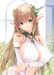  1girl arm_under_breasts bare_shoulders blonde_hair bracelet breasts commentary_request covered_erect_nipples detached_sleeves dress elf flower green_eyes grin hair_flower hair_ornament jewelry kirishima_satoshi large_breasts long_hair long_sleeves looking_at_viewer navel original paid_reward_available pointy_ears smile solo upper_body very_long_hair white_dress  rating:Questionable score:14 user:danbooru