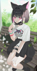  1girl absurdres animal_ears bench black_hair black_jacket black_socks blue_archive blush bracelet cat cat_ears clothes_around_waist clothes_writing collar colored_inner_hair earclip extra_ears falling_leaves hand_on_own_thigh hand_up highres incredibly_absurdres jacket jacket_around_waist jewelry kazusa_(band)_(blue_archive) kazusa_(blue_archive) leaf looking_at_viewer mask mask_pull miniskirt mouth_mask multicolored_hair multiple_rings outdoors park_bench pink_eyes pink_hair ring shirt short_hair short_sleeves sitting skirt socks solo surgical_mask thigh_strap white_shirt wristband yagen_(user_mxur3238) 