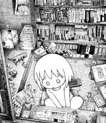 1girl action_figure bag bedroom book book_stack bookshelf box cardboard_box closed_mouth commentary_request crosshatching crumpled_paper cup cushion desk eraser from_above frown furrowed_brow godzilla godzilla_(series) greyscale hatching_(texture) highres indoors leaning_to_the_side long_sleeves looking_down manga_(object) messy_room monochrome nintendo nintendo_switch open_window original pants poster_(object) reading shirt short_hair sitting solo tatami toho tote_bag toy tsuburaya_productions ultra_series ultraman ultraman_(1st_series) window yoshiaki_(yosiaki02) yunomi zabuton