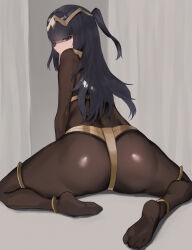  1girl anklet ass black_hair blunt_bangs bodystocking circlet female_focus fire_emblem fire_emblem_awakening from_behind full_body grey_background grey_eyes half-closed_eyes jewelry kataku_musou long_hair looking_at_viewer looking_back nintendo shadow sitting solo spread_legs tharja_(fire_emblem) thick_thighs thighlet thighs two_side_up  rating:Sensitive score:20 user:ImWastingMyLife