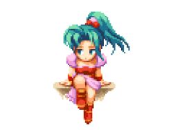  1girl armor cape dress final_fantasy final_fantasy_vi full_body green_eyes green_hair headband looking_to_the_side parted_bangs pink_cape pixel_art pixelflag ponytail red_dress red_footwear red_sleeves shoulder_pads sitting square_enix tina_branford 