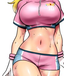  1girl breasts head_out_of_frame highres large_breasts mario_(series) midriff navel nintendo princess_peach sasa_tseng shorts soccer_uniform solo sportswear super_mario_strikers sweat thick_thighs thighhighs thighs walking  rating:Questionable score:122 user:spk