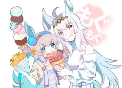  2girls :t ahoge alternate_costume animal_ears bare_shoulders blue_eyes breasts closed_mouth crepe fangs feeding food food_on_face grey_eyes grey_hair hairband highres holding holding_food horse_ears ice_cream jacket long_hair looking_at_viewer multiple_girls nara_123 oguri_cap_(umamusume) open_mouth overalls shirt skirt sleeveless sleeveless_shirt small_breasts standing tamamo_cross_(umamusume) umamusume upper_body white_hair white_jacket white_shirt white_skirt yellow_shirt 