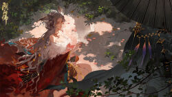  1girl 1other ambiguous_gender animal_ears artist_request bare_shoulders barefoot branch character_request copyright_name feet_out_of_frame fingernails flower fox_ears from_above fur-trimmed_kimono fur_trim grass grey_hair hair_flower hair_ornament hand_up hat highres japanese_clothes jingasa kimono leaf long_hair off_shoulder official_art on_ground onmyoji outdoors parted_lips puddle red_eyes red_kimono red_nails sanbi_no_kitsune sharp_fingernails sitting solo_focus tassel water wet wet_hair yokozuwari 
