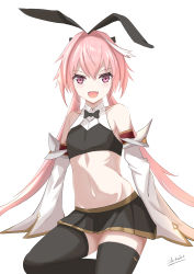  1boy absurdres astolfo_(fate) astolfo_(saber)_(fate) bare_shoulders black_bow black_ribbon black_skirt black_thighhighs blush bow bowtie collarbone commentary_request fang fate/grand_order fate_(series) hair_bow hair_intakes hair_ribbon highres long_hair long_sleeves looking_at_viewer male_focus multicolored_hair pink_hair purple_eyes ribbon sato_art simple_background skirt sleeves_past_fingers sleeves_past_wrists smile solo streaked_hair thighhighs trap twintails white_background white_hair  rating:Sensitive score:6 user:danbooru