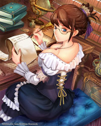 1girl blue_eyes book braid breasts brown_hair cleavage collarbone corset glasses globe inkwell jewelry large_breasts looking_back necklace original quill sitting solo suoni_(deeperocean) table rating:Sensitive score:13 user:danbooru
