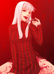 1girl bad_id bad_pixiv_id breasts dark_persona fate/stay_night fate_(series) glasses himuro_kane large_breasts licking ogera_okera red_eyes solo alternate_universe white_hair rating:Questionable score:17 user:danbooru