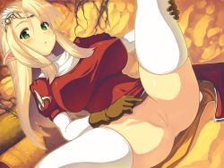  1girl :o anus blonde_hair blush breasts circlet cleft_of_venus covered_erect_nipples elf female_focus gender_request genderswap gloves green_eyes highres large_breasts leg_hold long_hair lying no_panties nun pointy_ears priest_(ragnarok_online) pussy roots shirt solo spread_legs taut_clothes taut_shirt thighhighs third-party_edit uncensored white_thighhighs yn_red  rating:Explicit score:78 user:cblack99
