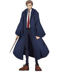 1boy black_robe brown_footwear brown_hair collared_shirt facial_mark full_body highres long_sleeves male_focus mashle max_land necktie official_art red_necktie robe shirt short_hair solo tachi-e wand white_shirt wide_sleeves
