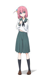  1girl absurdres arm_behind_back black_neckerchief black_socks blue_eyes blunt_ends blush bob_cut bocchi_the_rock! brown_footwear collarbone commentary_request cube_hair_ornament full_body gotoh_hitori green_sailor_collar green_skirt hair_ornament hands_up highres kanata_mako loafers long_skirt long_sleeves looking_at_viewer navel neckerchief one_side_up open_mouth pink_hair pleated_skirt sailor_collar sailor_shirt school_uniform shirt shoes simple_background skirt socks solo standing white_background white_shirt 