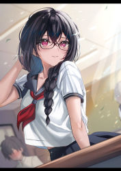 1girl absurdres black_hair blue_sailor_collar blurry blurry_background blush braid dutch_angle glasses hair_between_eyes highres indoors letterboxed long_hair looking_at_viewer low_twintails neckerchief original parted_lips pink_eyes red_neckerchief sailor_collar school_uniform serafuku short_sleeves smile solo_focus twin_braids twintails white_hair yufou rating:Sensitive score:17 user:danbooru