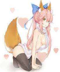  10s 1girl animal_ear_fluff animal_ears backless_dress backless_outfit bare_shoulders black_thighhighs blue_bow bow breasts dress fate/extra fate_(series) fox_ears fox_tail hair_bow highres kneeling long_hair looking_at_viewer medium_breasts meme_attire naked_sweater pink_hair sideboob silver_(chenwen) simple_background solo sweater tail tamamo_(fate) tamamo_no_mae_(fate/extra) thighhighs turtleneck turtleneck_sweater v_arms virgin_killer_sweater white_background white_sweater yellow_eyes  rating:Questionable score:35 user:danbooru