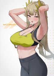  1girl alternate_breast_size arknights armpit_crease armpits arms_up black_pants blush breasts cleavage elf heart highres large_breasts long_hair looking_at_viewer mole mole_under_eye muelsyse_(arknights) naughty_face nitro_(mugityaoisii) open_mouth pants pointy_ears smile solo sports_bra stomach sweat yoga_pants  rating:Sensitive score:23 user:danbooru
