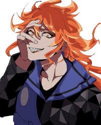  1boy absurdres black_jacket blue_sailor_collar brown_eyeshadow brown_lips commentary constricted_pupils empty_eyes evil_grin evil_smile fiery_hair grin hair_between_eyes hand_on_own_face highres idia_shroud jacket long_hair long_sleeves looking_at_viewer male_focus mirai_(3ra1_373) official_alternate_hairstyle orange_hair sailor_collar sharp_teeth simple_background smile teeth twisted_wonderland upper_body white_background yellow_eyes 
