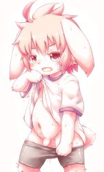 1boy bike_shorts blonde_hair blush clothes_lift clothes_pull flaccid furry furry_male highres hithop male_focus navel open_mouth original penis shirt_lift short_hair shorts shorts_pull shota simple_background solo sweat testicles white_background rating:Explicit score:51 user:Dweenie