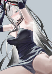  1girl absurdres armpits arms_up bare_shoulders black_dress black_gloves black_hair black_horns blue_archive blue_eyes blush breasts commentary criss-cross_halter demon_horns dress elbow_gloves english_commentary erlisa_takanashi gloves gradient_horns grey_background grey_hair hair_between_eyes hair_over_one_eye halo halter_dress halterneck highres horns large_breasts long_hair looking_at_viewer makoto_(blue_archive) makoto_(dress)_(blue_archive) multicolored_hair multicolored_halo multicolored_horns multiple_horns official_alternate_costume red_halo sitting smell solo streaked_hair sweat very_long_hair wavy_mouth 