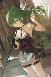  :d absurdres armband armpits bare_shoulders belt black_armband black_belt black_dress black_skirt breasts checkered_floor darr1o double-parted_bangs dress floating_hair gloves green_hair halterneck hand_up high_ponytail highres holding holding_staff long_hair looking_at_viewer medium_breasts open_mouth over_shoulder pleated_skirt purple_eyes ruins sidelocks single_glove skindentation skirt smile sousou_no_frieren staff stairs standing stone_stairs suspenders_hanging teeth thigh_strap ubel_(sousou_no_frieren) weapon weapon_over_shoulder wind wind_lift 