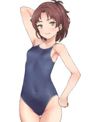  1girl :3 antenna_hair armpits bakushiishi_at blue_one-piece_swimsuit breasts brown_hair commentary_request competition_school_swimsuit covered_navel green_eyes one-piece_swimsuit original school_swimsuit short_hair simple_background small_breasts solo standing swimsuit thigh_gap white_background 