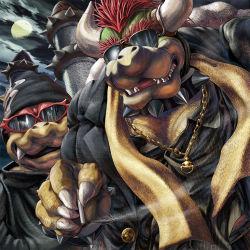  2boys age_difference bad_id bad_pixiv_id bling bowser bowser_jr. chain chain cigarette collar fangs father_and_son gold_chain hat horns jewelry male_focus mario_(series) masa_(bowser) moon multiple_boys necklace nintendo red_hair roy_koopa spiked_collar spikes sunglasses super_mario_bros._1 teeth  rating:Sensitive score:50 user:danbooru