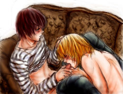  00s 2boys blush censored death_note fellatio male_focus matt_(death_note) mello_(death_note) multiple_boys oral penis yaoi  rating:Explicit score:21 user:spitfire_kitty