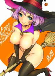  1girl 2019 black_gloves black_thighhighs blue_eyes breasts broom broom_riding cape elbow_gloves from_above gloves halloween happy_halloween hat hexagram high_heels highres large_breasts lips looking_at_viewer looking_up nipples nude onsen_tengoku orange_background original pumpkin purple_hair red_footwear simple_background smile solo thighhighs witch witch_hat  rating:Questionable score:17 user:danbooru